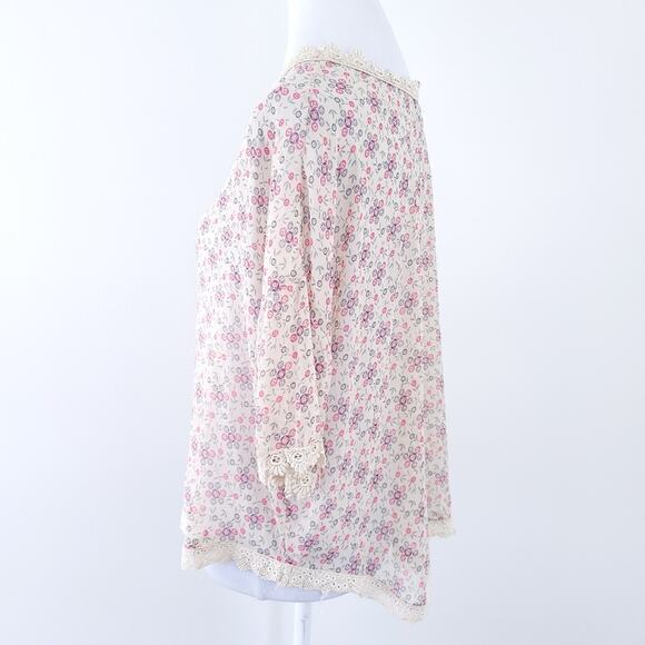 Free People Floral Semisheer Blouse Small, Tan Pink Flowers, Crochet Trim, Boho - Picture 7 of 10